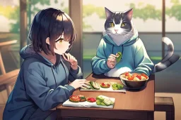 A cat with a hoodie is sitting on a table eating sushi. Perfect iris. Paws