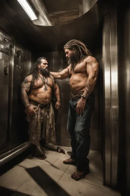 half figure shot photography of two ugly gypsies close, face to face embraced, 41 years old with dreadlocks, big strong muscular chubby, tattoo, beard, bullneck, shirtless, manly chest, hairy torso , embraced, broken short pants,, angry eyes, in an elevator, top light, ambient occlusion, photorealistic, side view from the ground