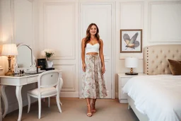 very beautiful lady with beautiful midi skirt and pretty top standing next to her couple in a luxury bedroom with high heels next to makeup desk looking to camera