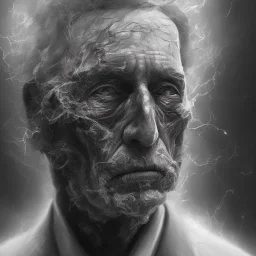 Extremely detailed portrait of man fading into a dark and rough oblivion, black and white digital painting.