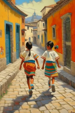 2 maxican childeren running traditional clothes painting neoclassism in a traditional mexican city from the back