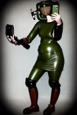 Steam-punk style random-mask. Large fencing mask covers cheeks. Brainless girls. Reflective surface on face, full coverage, reflective. Camera lenses as eyes. Head full of integrated old-fashioned phones. Army green surfaces body, latex. Perfect body, thick thighs and calves. Asa Akira. SElfie with old-fashioned camera. Wide hip, skirt bleats nicely. Partly symmetrical. Straitjacket. Steam-plunge-air-bottles-chin. Euclidean 3D-tiling walls. surrealistic atmosphere