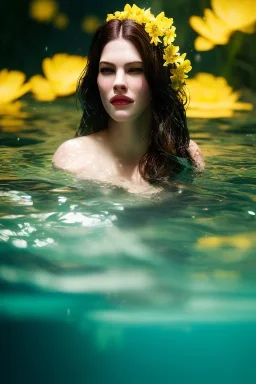 liv tyler underwater with yellow flowers for hair, closed eyes, rtx, reflection, 8k, glow, winning photography, caustics