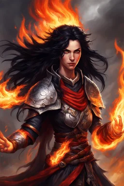 ierce eladrin druid with blazing jet-black hair on fire, making flames with her hands. Her eyes shine bright red, and a big scar on her face tells of battles fought.