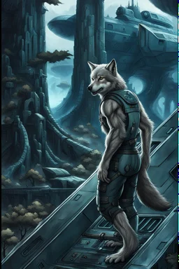 front an anthropomorphic hairy wolf-man standing on spaceship's ramp on alien land and looking at the camera, around big white-blue fog and the spaceship's ruins . His gaze is directed towards the rain-soaked landscape, which is filled with towering trees with massive trunks. In background back him the spaceship and big fog. The atmosphere is a seamless blend of sci-fi and dark fantasy mood