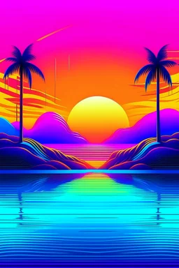 A professional music cover art for a Tropical House track, ultra-modern and visually striking. A dreamy tropical sunset scene with a neon gradient sky blending cyan, magenta, and warm golden tones. A minimalist island silhouette in the distance surrounded by calm reflective ocean water. Subtle geometric soundwave patterns subtly integrated into the sky and water surface, representing rhythm and music. Floating abstract shapes inspired by synth waveforms and audio modulation, softly glowing. A st