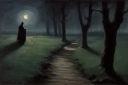 one person, pathway, night, dark gothic horror movies influence, disturbing, bernard van beek and alfred munnings impressionism paintings