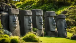 calm beauty, fantasy, magic, splendor, uplifting, inspiring, therapeutic, Easter Island stone statues with faces, springtime, sunlight, chiaroscuro, color, award-winning colour photograph, Nikon 135mm