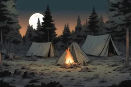 night time, camp,camp fire, forest, post-apocalypse, front view,, , comic book, cartoon
