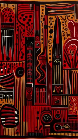 A dark red and dark brown metropolis with music notes designed in Kuna molas painted by Henri Matisse
