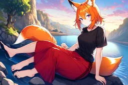 Girl, fox ears, one big fox tail, orange hair, red skirt, river, fox foot , sit on the shore, purple fox eyes, black T-shirt, wet