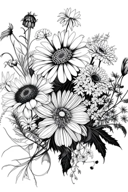 wild flowers bouquet drawing black and white