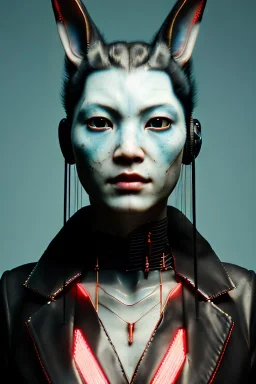 Medium Close Up Portrait, Front image. cyberpunk, rabbit mask, asian woman, feather hair. Latex suit. white, red, color. Yakuza style. Color background, photo studio. Avatar image, highly detailed, concept art, smooth, unreal engine 5, ray tracing, RTX, lumen lighting, ultra detail, volumetric lighting, 3d, finely drawn, high definition, high resolution.