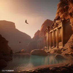 Petra, Ürdün, sunset, fantasy art, flying birds, springs, beautiful, realistic, hyper detailed, unreal engine 5, octane render