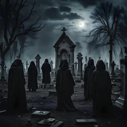 In the center there are many figures in black robes against the background of a gloomy night abandoned cemetery. Cinematic style.