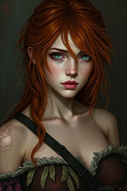 a pretty fantasy woman, young,messy ginger hair, protective, troubled, dark fantasy art