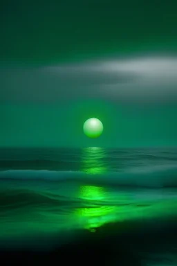 Green glowing orb floating in a foggy sky. The orb is in the air hovering over a stormy ocean