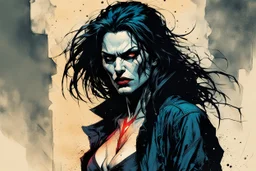 create a dangerously sinister full body portrait illustration of a ragged Brujah female vampire , with highly detailed and deeply cut facial features, in the comic art style of FRANK MILLER and BILL SIENKIEWICZ, searing lines and forceful strokes, precisely drawn, boldly inked, with gritty textures, vibrant colors, dramatic otherworldly lighting