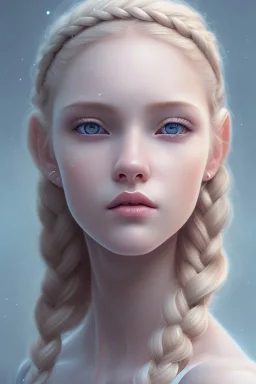 20 year old girl, cute, beautiful, blonde hair, one loose braid, blue eyes, big eyes, pale skin, blue dress, ice dress, long eyelashes, pink lipstick, thin lips, small nose, semirealistic, 8k resolution concept art portrait by Greg Rutkowski,