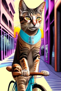 One single mature street cat, friendly, riding on a bike , sunny day, perfect iris, model style, hyper realistic, extremely accurate, delicate, extremely detailed, Graphic novel style, colours, wide-angle, open aperture, superfine pencil