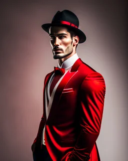 Create a compelling image featuring a man in a red suit with a dapper expression against a white background. Specify a hand-drawn style with bold strokes, emphasizing the meaning of the subject. Ensure the composition captures the essence of elegant expression, creating a visually striking and impactful scene through the use of hand-drawn strokes.