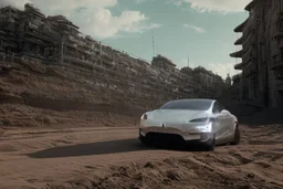 A Tesla 'Model S' is racing at top speed, within the trench of the Death Star. (CINEMATIC, WIDE ANGLE LENS, PHOTO REAL)