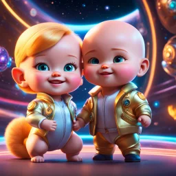 (masterpiece, best quality, 8k, RAW photo, beautiful and aesthetic:1.2), complex detail, Indirect light, photorealistic, (((full body))), 2 Cosmic Boss Baby style, bald boy and girl smiling, long curved blonde hair , with a ginger cat companion, colorfull Sci-Fi environment