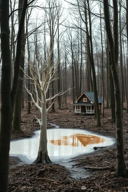 A melting plastic trees in the wood with melting house by a dry lake