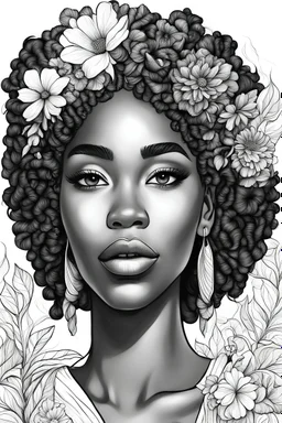 beautiful african american adult female with flowers in her hair black and white coloring page