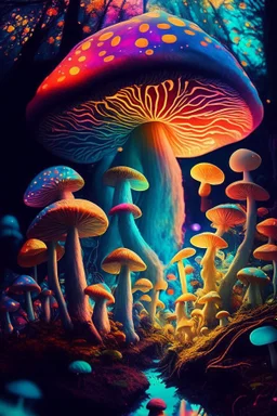 A colorful and dreamy picture, a world full of magic mushrooms, one by one