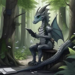 A dragonoid human with grey scales and a flexible tail in the middle of taking notes in a magical forest