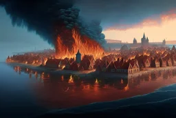 Dutch island city with walls on fire in the distance