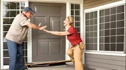 lady angry with male contractor installing the oversized screen door on front porch