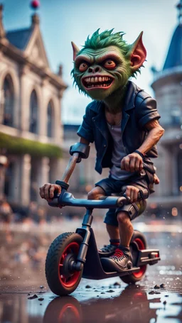 full figure portrait of a giant dunking basket player vampire werewolf goblin gremlin on scooter bike on wet soil in front of dome court, in the style of Gorillaz,bokeh like f/0.8, tilt-shift lens 8k, high detail, smooth render, down-light, unreal engine, prize winning