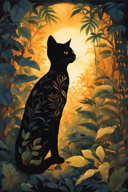 A striking and surreal painting of a cat silhouette, illuminated by a warm, golden light that creates a mesmerizing jungle scene on its body. The cat's fur shimmers with an otherworldly glow, as if woven with threads of moonlight. The jungle scene within the cat's fur is filled with dense foliage, radiant sunsets, and a serene landscape of leaves and vines, providing a sense of tranquility and harmony with nature. A delicate dove soars within the scene, representing the spirit of the cat. The ca