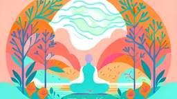 Create a serene flat design illustration for a yoga and well-being website banner. Use a soothing color palette and depict a tranquil yoga scene with a yogi in a meditative pose surrounded by nature.