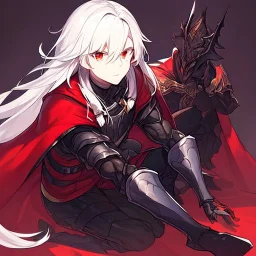 Vampire knight, young man, handsome, long white hair, black full plate armor, red cape