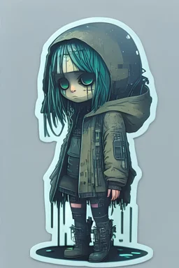 Sticker Creepy cyberpunk girl, illustration by John Kenn Mortensen, high detailed, 4k resolution, digital paiting, cute, art, no background,