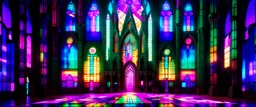 Cyberpunk cathedral, glitchy stained glass flickering with code, corrupted light rays, VHS interference, analogue distortion --ar 9:16 --draft