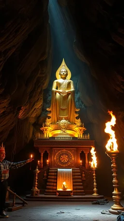 An amazing temple with a great religious golden status all are in underground cave with a small Ayer fall and fire torch’s with big stare in the middle goes up to a big statue of Botha