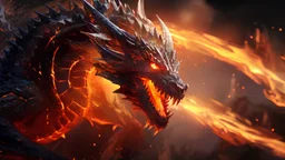 Please help me draw a desktop background image. The requirements are as follows: Theme: Angry dragon Resolution: 1920*1080 Main character: An angry Chinese dragon Color: Fire red, black Background: Lava, cave Angle: Preferably side view Detail description: Fine scales, covering the dragon’s body, giving it a majestic and spectacular appearance. Glowing eyes, adding to the intensity and atmosphere of the image. Spitting out flames, bright and dynamic, illuminating the dragon’s face and surrou