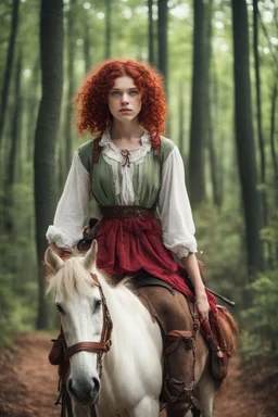 Sixteen year old teenager, green eyes, blood red curls, dressed as a peasant girl traveling through the forest on horseback.