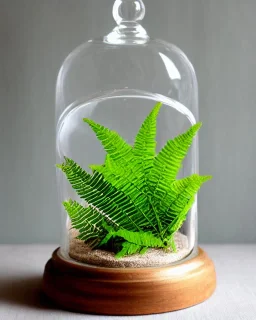 fern in a bell jar, symmetrical, frosted glass, warm lighting, linen backdrop