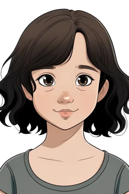 Make a 9 year old girl with wavy, short black hair with white skin and a small face with dark brown eyes, round chin, and a tiny mole on her lip.