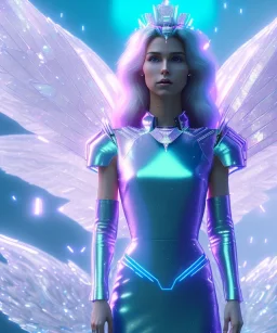 A crystalised queen, atmospheric, realistic, unreal engine, cinematic lighting, octane render. blue, pink, transparency, light, shine,bright, full body, transparent wings, blonde, long hair, nice smile