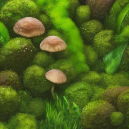 microphotography mushroom growing in a mossy dense lush green woods, high definition, detail, HD, 8k, realistic, 3d rendering, blender, photography, fisheye, bulge, tilt shift blur