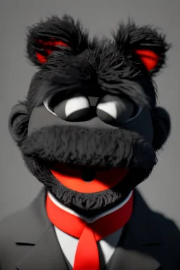 Waist up muppet Portrait, Kim Jong-un muppet doll, black suit, photo studio, red background, unreal engine 5, concept art, art station, god lights, ray tracing, RTX, lumen lighting, ultra detail, volumetric lighting, 3d.