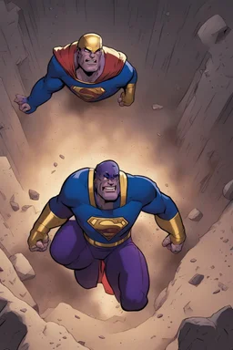 Supermann and thanos falling from a pit animated