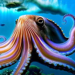 ultra detailed fullbody portrait of Giant Octopuss underwater, extremely detailed digital painting, intrincate, extremely detailed face,crystal clear Big eyes, in the style of Kaare Andrews, mystical colors , perfectly centered image, perfect composition, rim light, beautiful lighting, 8k, stunning scene, raytracing