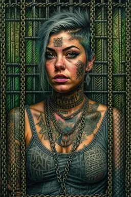 Portrait of a beautiful tattooed voluptuous terrified prisoner chained and collared in the small dim cell. Luis Royo, Jeremy Mann, hyper-detailed, hyperrealistic, digital art, detailed background, dark fantasy, cinematic, vibrant pastel colours